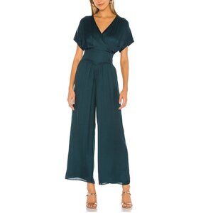 Tularosa Whitley Teal Satin Short Sleeve Flowy Wide Leg Jumpsuit Size XS